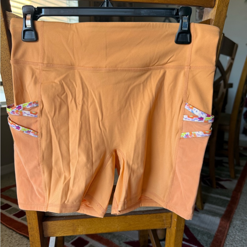 Fabletics Orange Bike Shorts with Colorful Accents